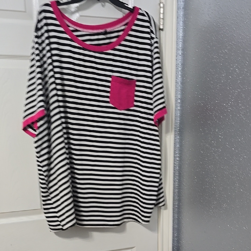Striped Black and White Top with Pink Accents